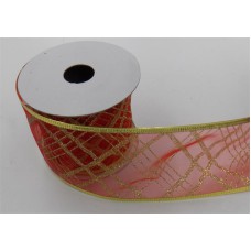 2.5 Inch Wired Christmas Ribbon with Gold Metallic Crisscross Strip on Red Organga, 2-1/2 In. X 10 Yds (Lot of 1 Spool) SALE ITEM